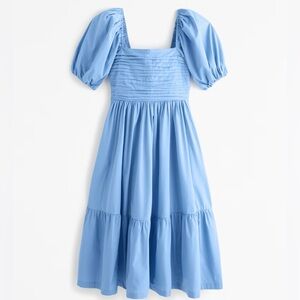 Abercrombie Emerson Puff Sleeve Poplin Midi Dress in Blue